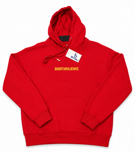 BaartmanJeans Essential Unisex Hoodie – Red with Gold Back Print