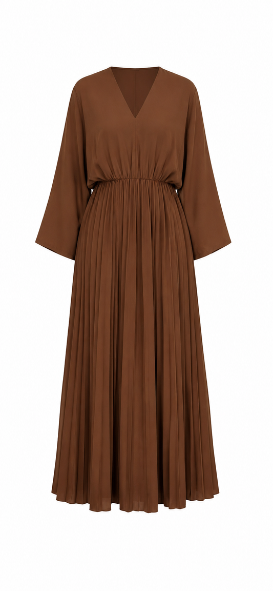 Elegant Pleated Maxi Dress – Brown