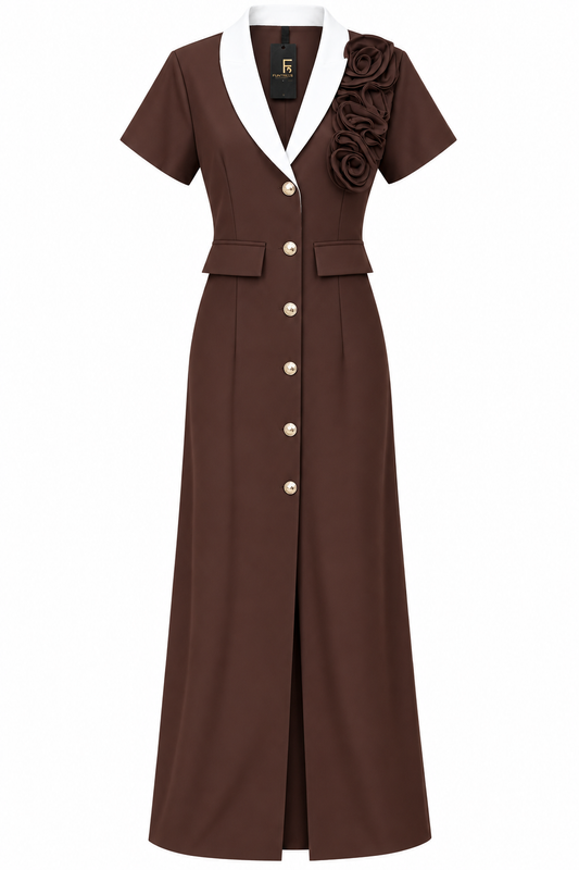 Brown and White Rose Blazer Dress short sleeve