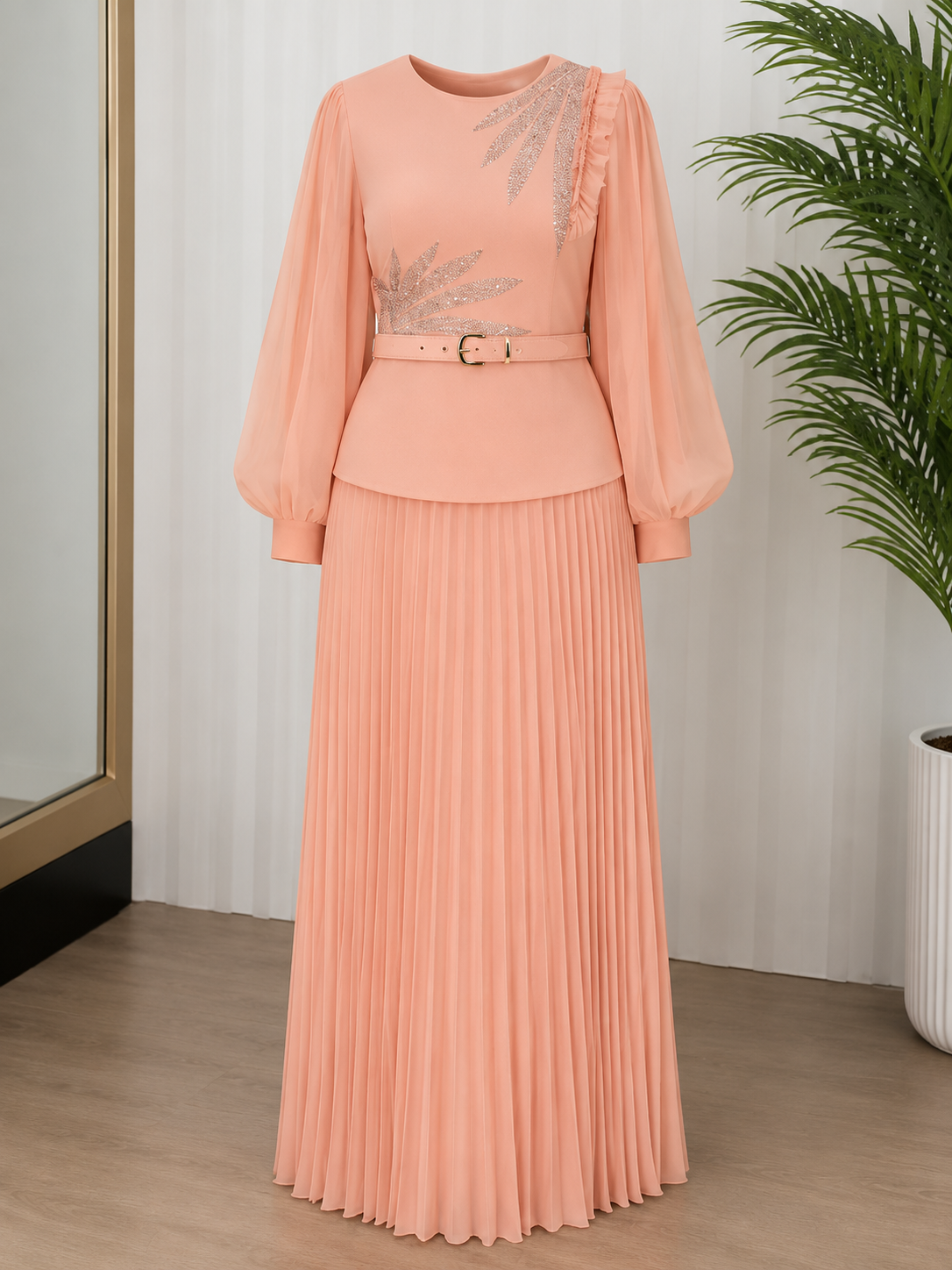 Blush Crystal Pleated Maxi Dress