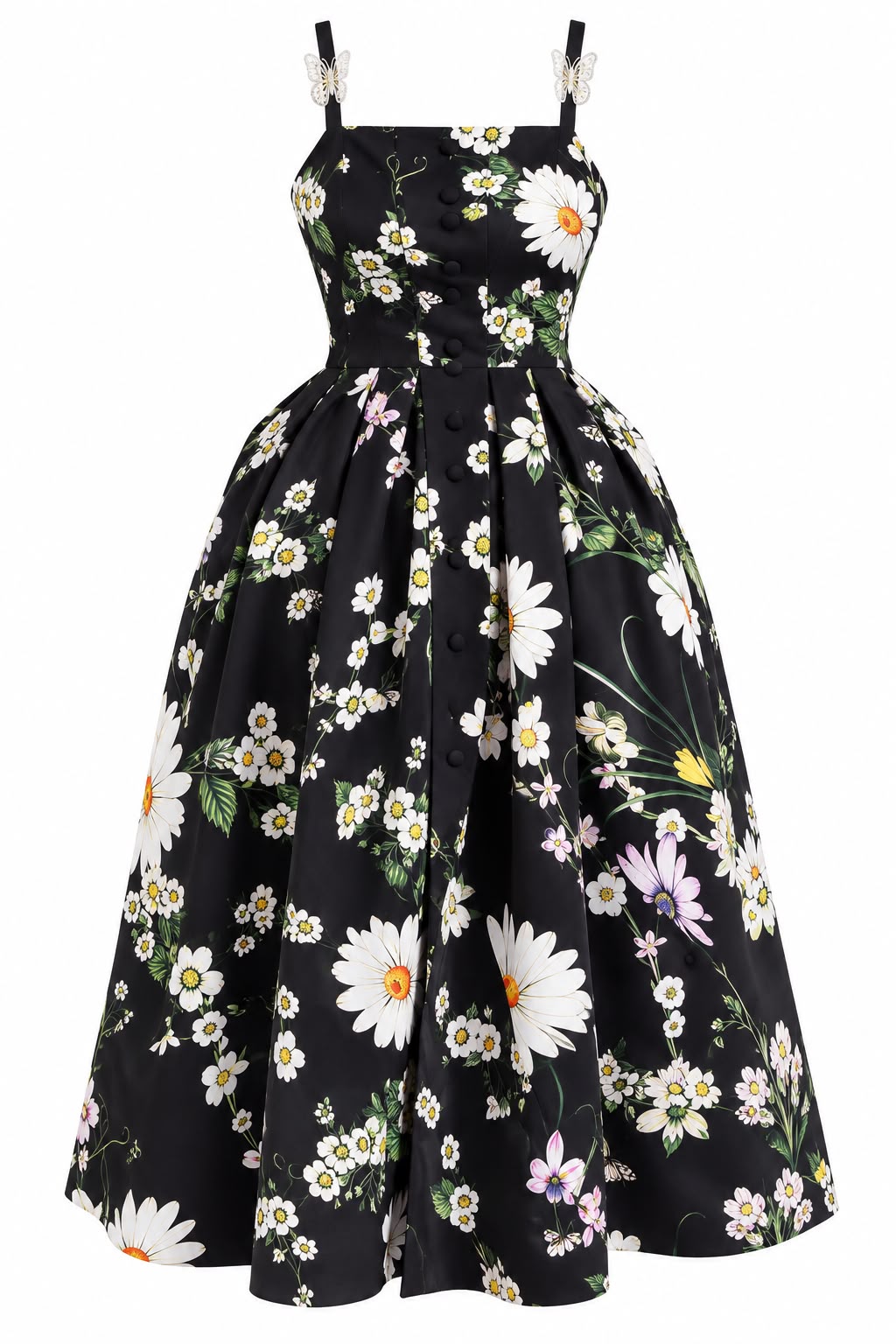 Black daisy bloom midi dress