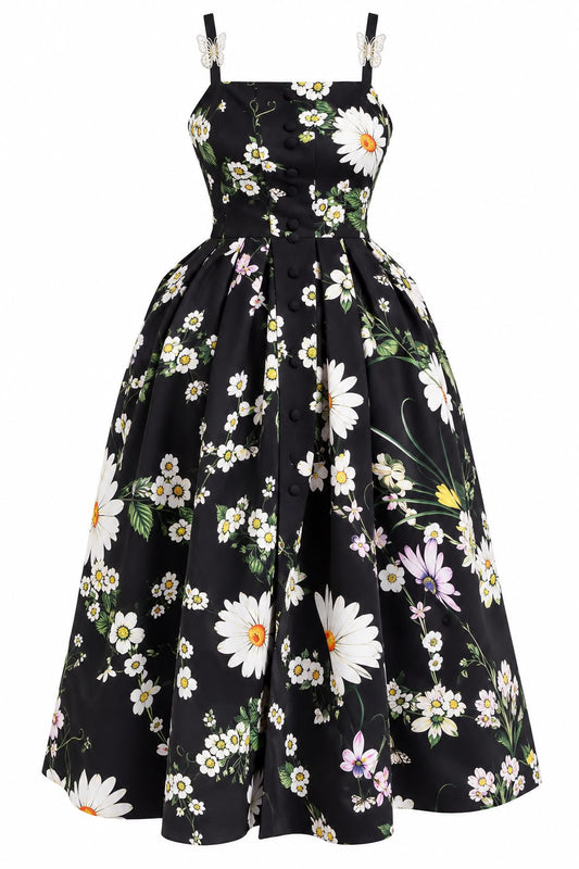 Black daisy bloom midi dress